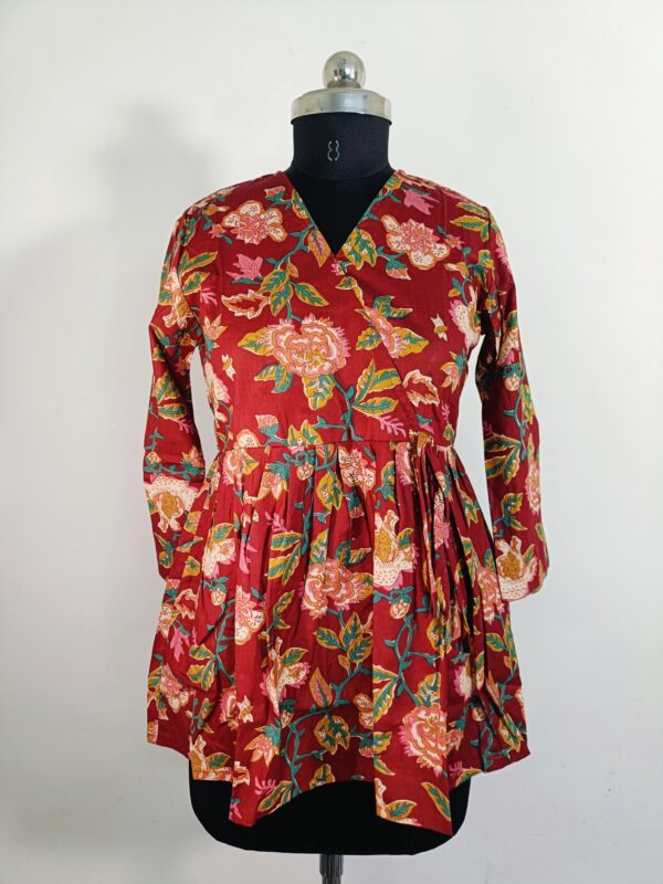 Maroon Floral Handblock Printed Cotton Wrap Peplum Kurti for Women
