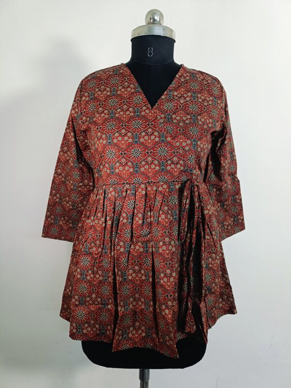 Rangkari Rust Ajrakh Flared Kurti Top with Tie-Up Detail