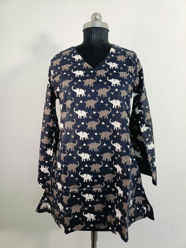 Rangkari Women's Black Cotton Kurti with Elephant Print – Casual & Stylish