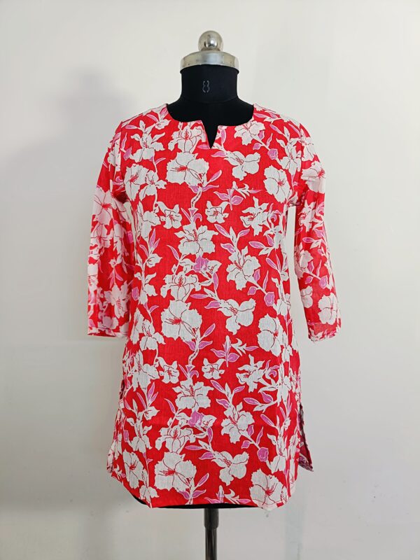 Red Floral Straight Kurti with Notch Neck and 3/4 Sleeves