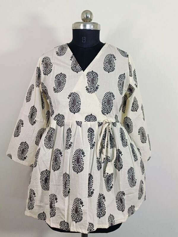 Women’s Handblock Printed Wrap Style Peplum Top – Black Paisley on Off-White Cotton