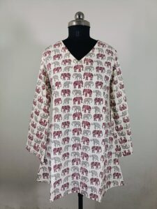 Cotton A-Line Kurti with Elephant Print | V-Neck | Full Sleeves | Ethnic Casual Wear