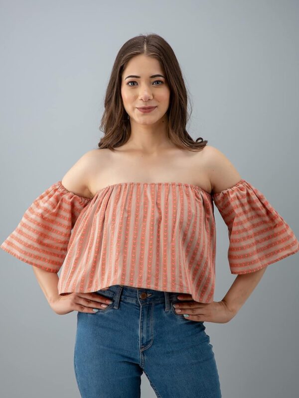 Peach & Red Striped Off-Shoulder Cotton Top for Women