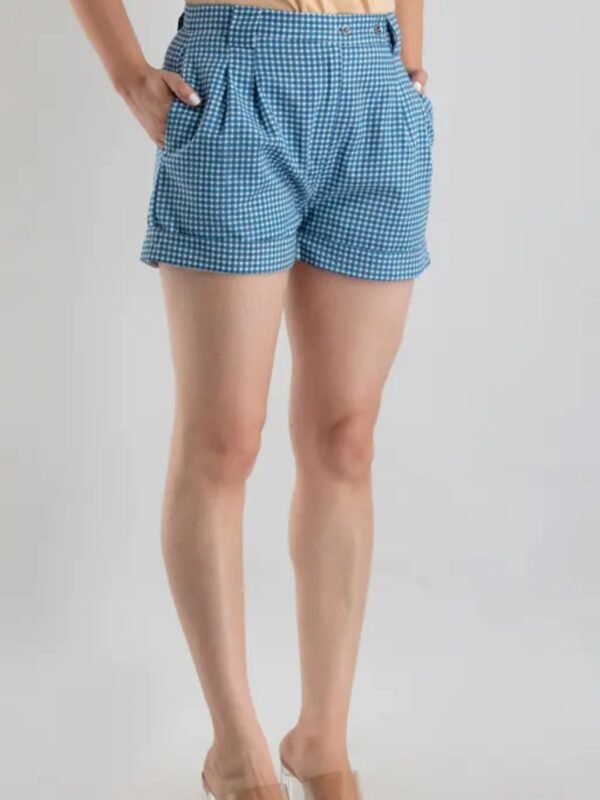 Blue Gingham Checkered High-Waist Pleated Shorts with Pockets