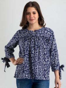 Women's Navy Blue Floral Printed Top with Sleeve Tie-Ups