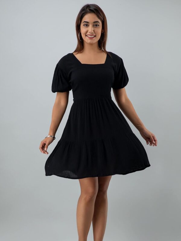 Solid Black Puff Sleeve Mini Dress with Square Neckline
