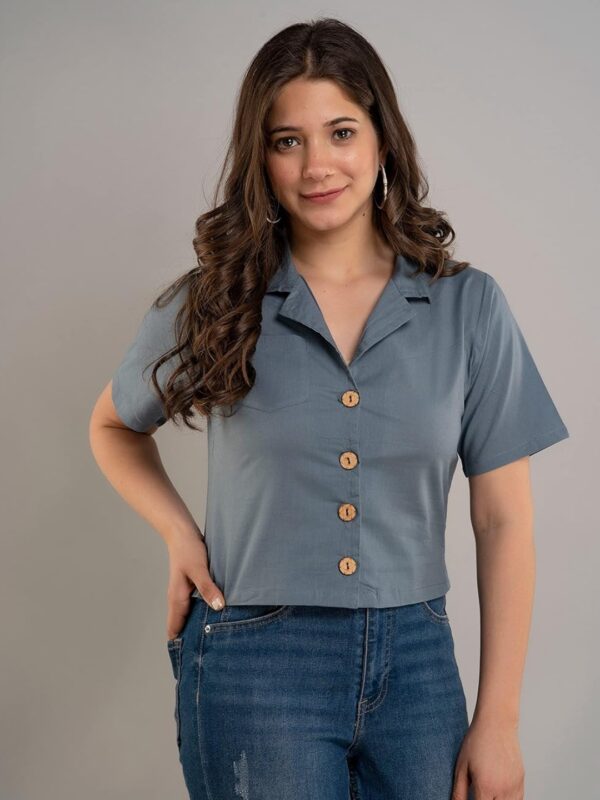 Collared Button-Down Crop Top with Wooden Buttons