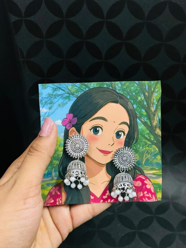 Classic Silver Oxidised Jhumka Earrings with Pearl Beads