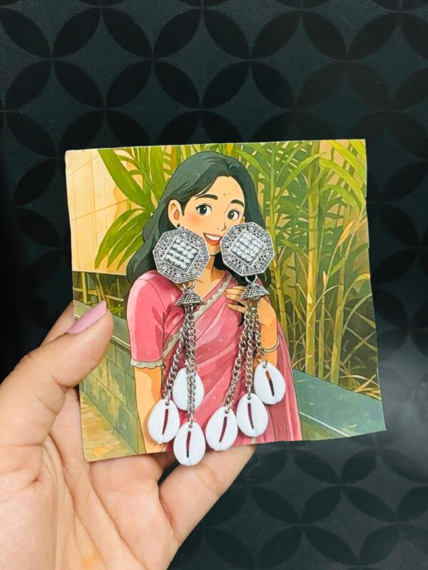 Boho Cowrie Shell Dangling Earrings with Oxidised Charm – Rangkari Heer Edition
