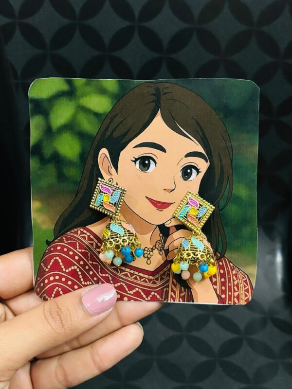 Multicolor Handpainted Jhumka Earrings with Bead Drops – Ethnic Boho Vibe