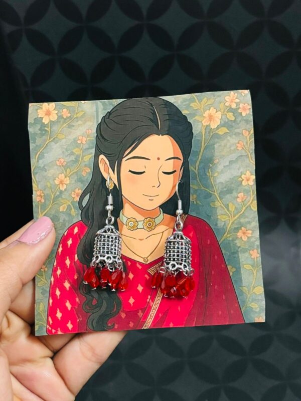 Antique Oxidised Silver Jhumkas with Red Bead Tassels