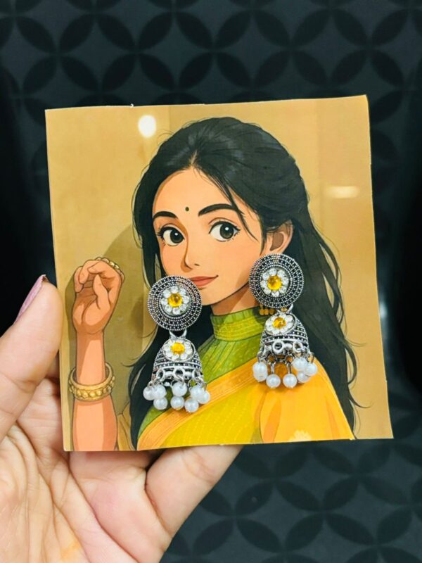 Oxidised Yellow Stone Floral Top Jhumka Earrings with White Beads