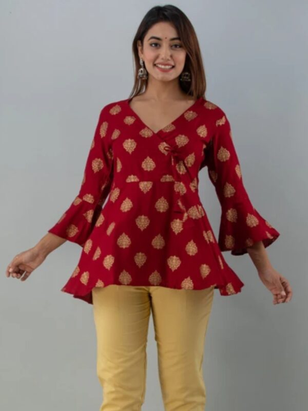 Women's Red Peplum Top with Golden Ethnic Print and Bell Sleeves