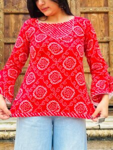 Bandhani X Leheriya Print Cotton Kurti – Flare Sleeve | Round Neck