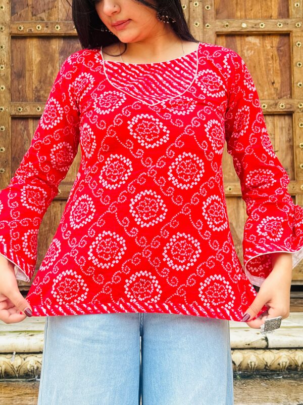 Bandhani X Leheriya Print Cotton Kurti – Flare Sleeve | Round Neck