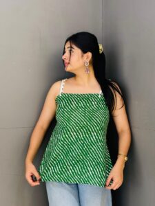 Green Leheriya Print Strappy Cotton Top – Rangkari