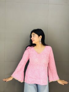 Pink & White Striped Cotton Kurti with Flared Sleeves – Rangkari